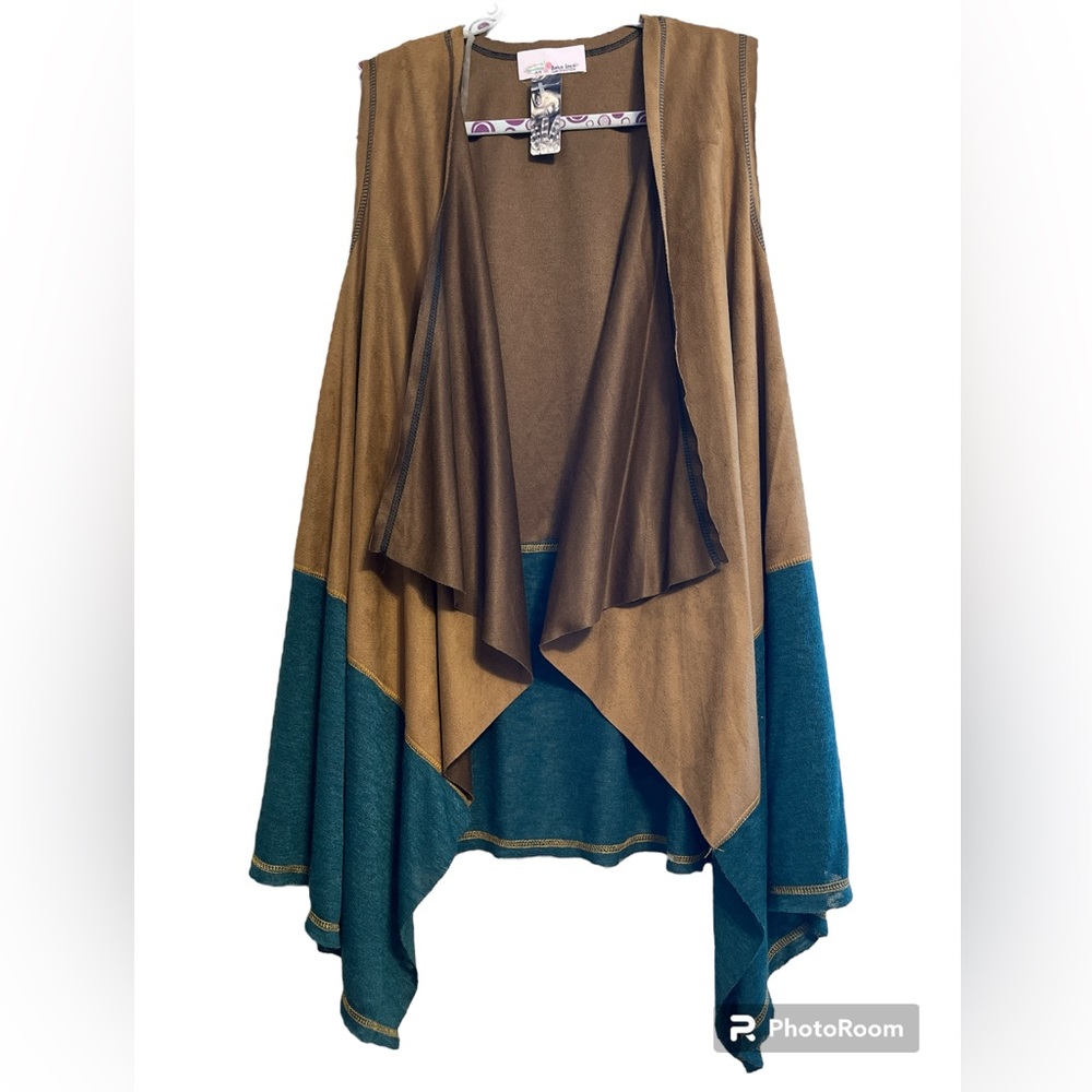 Boho Loco - handkerchief style open vest knit/ faux suede